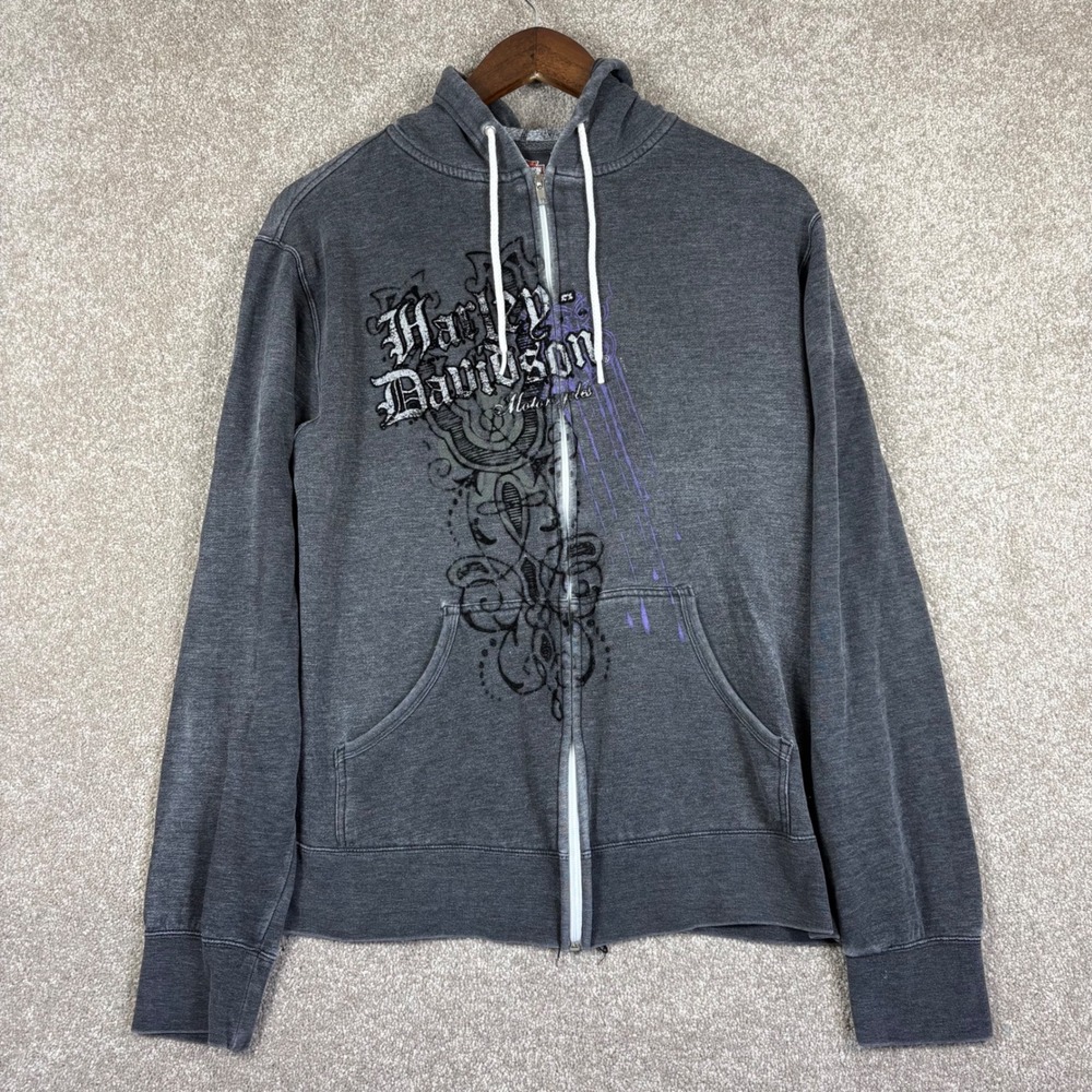 Harley-Davidson Womens Gray Graphic Zip Up Hoodie Sweatshirt Medium